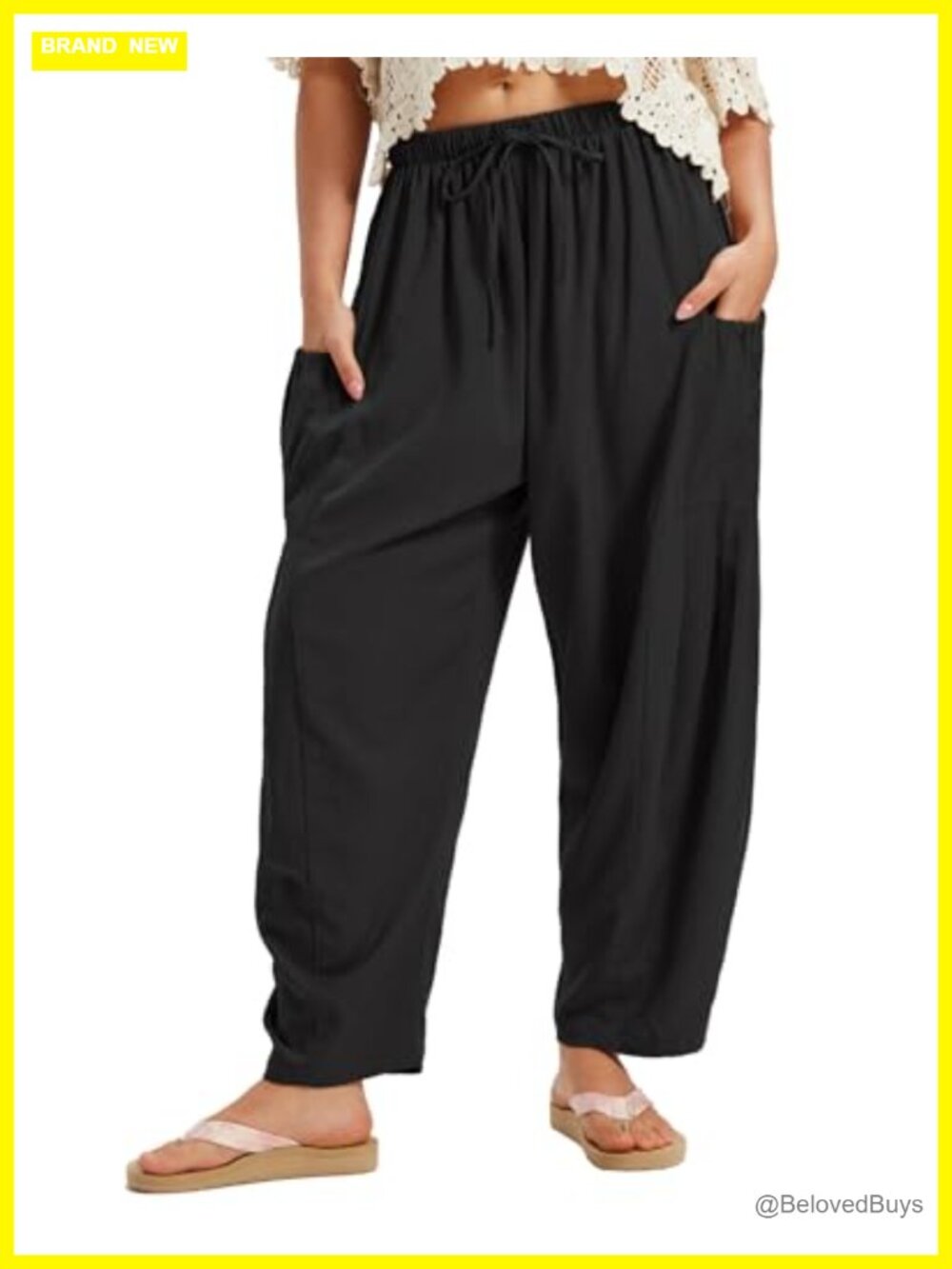 Linen Blend Wide Leg Barrel Pants Loose Fit Drawstring Ankle